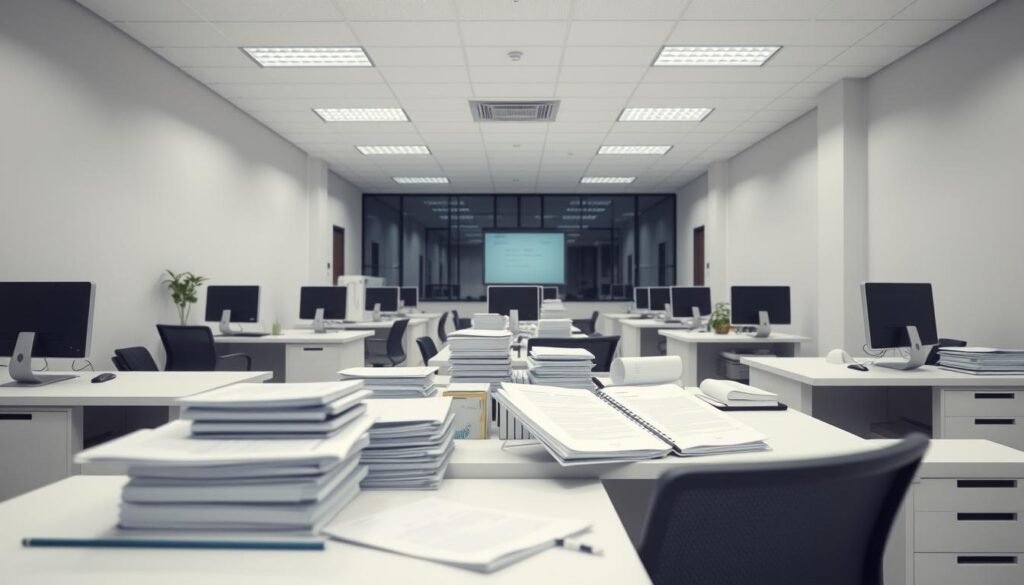 Proceso administrativo: a contemporary administrative office scene with a focus on formal paperwork, official documents, and the bureaucratic process. Set in a well-lit, minimalist workspace with clean lines and muted tones. Meticulously organized desks, desktop computers, and office equipment suggest an efficient, professional environment. Subtle hints of Colombian culture or iconography may be present, but the emphasis is on the universal nature of administrative procedures. The mood is one of quiet productivity, with a sense of the gravity and importance of the work being conducted. Realistic lighting and camera angles to capture the essence of a typical administrative setting. Proceso administrativo: a contemporary administrative office scene with a focus on formal paperwork, official documents, and the bureaucratic process. Set in a well-lit, minimalist workspace with clean lines and muted tones. Meticulously organized desks, desktop computers, and office equipment suggest an efficient, professional environment. Subtle hints of Colombian culture or iconography may be present, but the emphasis is on the universal nature of administrative procedures. The mood is one of quiet productivity, with a sense of the gravity and importance of the work being conducted. Realistic lighting and camera angles to capture the essence of a typical administrative setting.