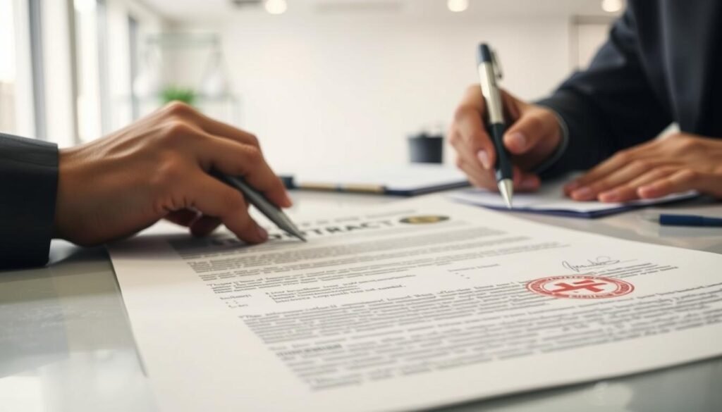 Prompt A crisp, detailed image of a physical contract document being executed, with clear evidence of signatures, seals, and stamps. The document is prominently displayed in the foreground, with a clean, well-lit workspace as the background. The lighting is soft and diffuse, creating a professional, business-like atmosphere. The camera angle is slightly elevated, providing a clear, unobstructed view of the contract. The overall composition conveys a sense of legal formality, diligence, and adherence to protocol in the execution of a contractual agreement. Prompt A crisp, detailed image of a physical contract document being executed, with clear evidence of signatures, seals, and stamps. The document is prominently displayed in the foreground, with a clean, well-lit workspace as the background. The lighting is soft and diffuse, creating a professional, business-like atmosphere. The camera angle is slightly elevated, providing a clear, unobstructed view of the contract. The overall composition conveys a sense of legal formality, diligence, and adherence to protocol in the execution of a contractual agreement.