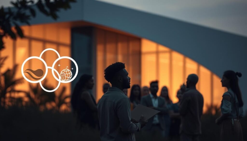Prompt A serene and contemplative scene depicting the key criteria of sustainability - environmental, social, and governance factors. In the foreground, a trio of interconnected icons representing these three pillars, rendered in warm, earthy tones and soft, muted lighting. In the middle ground, a diverse group of people from various backgrounds engage in thoughtful discussion, their faces lit by an ambient glow. The background features a modern, minimalist architectural structure, conveying a sense of sophisticated, sustainable design. The overall mood is one of balance, harmony, and a commitment to responsible, forward-thinking practices. Prompt A serene and contemplative scene depicting the key criteria of sustainability - environmental, social, and governance factors. In the foreground, a trio of interconnected icons representing these three pillars, rendered in warm, earthy tones and soft, muted lighting. In the middle ground, a diverse group of people from various backgrounds engage in thoughtful discussion, their faces lit by an ambient glow. The background features a modern, minimalist architectural structure, conveying a sense of sophisticated, sustainable design. The overall mood is one of balance, harmony, and a commitment to responsible, forward-thinking practices.
