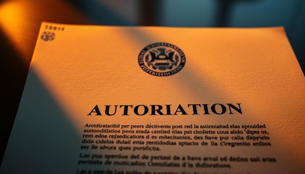 Prórroga autorización: A high-contrast legal document with an embossed government seal, illuminated by warm studio lighting at a low angle, casting dramatic shadows. The document's surface has a subtly textured parchment-like finish, conveying a sense of authority and official protocol. The composition focuses on the central text, allowing the viewer to clearly read and understand the legal terminology, while the blurred background suggests a professional, institutional setting. The overall mood is one of seriousness, precision, and the weight of bureaucratic processes. Prórroga autorización: A high-contrast legal document with an embossed government seal, illuminated by warm studio lighting at a low angle, casting dramatic shadows. The document's surface has a subtly textured parchment-like finish, conveying a sense of authority and official protocol. The composition focuses on the central text, allowing the viewer to clearly read and understand the legal terminology, while the blurred background suggests a professional, institutional setting. The overall mood is one of seriousness, precision, and the weight of bureaucratic processes.