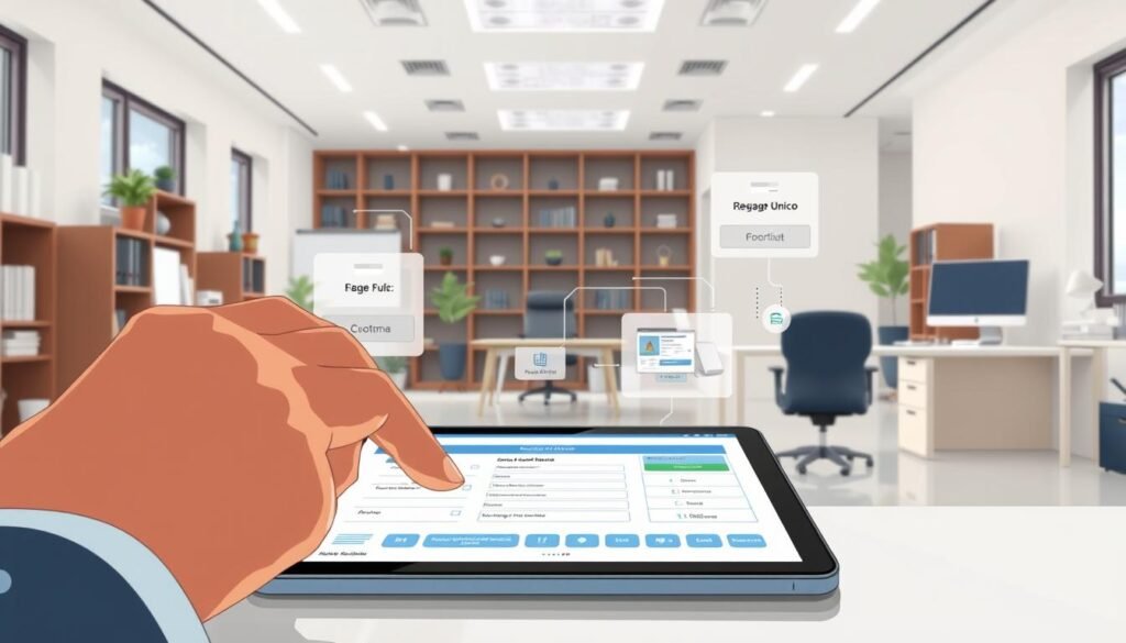 a detailed, high-resolution digital illustration of the "registro único" (RUP) process in Colombia. the foreground shows a closeup view of a person's hands interacting with a tablet or laptop, navigating through an intuitive digital interface with various menus, forms, and buttons. the middle ground depicts a modern, minimalist office setting with a desk, chair, and other workplace accessories. the background is filled with architectural elements such as windows, shelves, and a neutral color palette that creates a professional, administrative atmosphere. the overall scene conveys a sense of efficiency, organization, and government bureaucracy related to the RUP system. the lighting is soft and evenly distributed, creating a clean, polished aesthetic. the camera angle is slightly elevated to provide an optimal view of the workflow. a detailed, high-resolution digital illustration of the "registro único" (RUP) process in Colombia. the foreground shows a closeup view of a person's hands interacting with a tablet or laptop, navigating through an intuitive digital interface with various menus, forms, and buttons. the middle ground depicts a modern, minimalist office setting with a desk, chair, and other workplace accessories. the background is filled with architectural elements such as windows, shelves, and a neutral color palette that creates a professional, administrative atmosphere. the overall scene conveys a sense of efficiency, organization, and government bureaucracy related to the RUP system. the lighting is soft and evenly distributed, creating a clean, polished aesthetic. the camera angle is slightly elevated to provide an optimal view of the workflow.