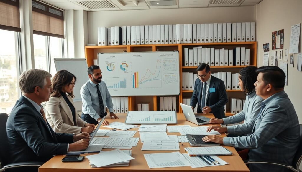 A bustling government office scene depicting state contracting during restrictive times in Colombia. In the foreground, a diverse group of three professionals in business attire—one woman and two men—are engaged in a serious discussion around a large table covered with documents and laptops, focusing on contracts. In the middle ground, a whiteboard displays charts and graphs outlining project timelines and compliance metrics. The background shows shelves filled with binders labeled with various contracts and legal documents. Soft, natural light filters in through large windows, casting a warm glow and creating an atmosphere of determination and collaboration. Capture the urgency and challenges faced in public contracting, emphasizing professional focus and teamwork. A bustling government office scene depicting state contracting during restrictive times in Colombia. In the foreground, a diverse group of three professionals in business attire—one woman and two men—are engaged in a serious discussion around a large table covered with documents and laptops, focusing on contracts. In the middle ground, a whiteboard displays charts and graphs outlining project timelines and compliance metrics. The background shows shelves filled with binders labeled with various contracts and legal documents. Soft, natural light filters in through large windows, casting a warm glow and creating an atmosphere of determination and collaboration. Capture the urgency and challenges faced in public contracting, emphasizing professional focus and teamwork.