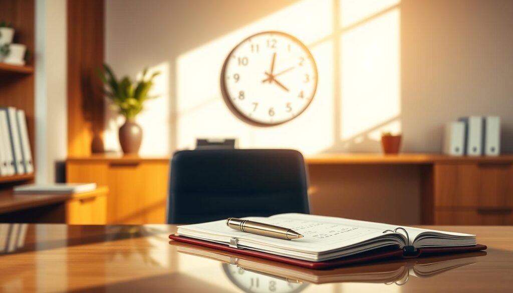 A calendar page depicting the months of November 2025 to May 2026 in a professional setting, with a focus on important dates highlighted. In the foreground, a clean and elegant desk with a sophisticated notebook and a pen, symbolizing planning and organization, reflects natural light. In the middle background, a wall clock showing time passing, adding a sense of urgency and importance. The color palette should be warm, conveying a serious yet optimistic atmosphere, with soft shadows to create depth. The setting should suggest a corporate office environment, with minimalistic decorations to emphasize professionalism. No people are present in the image, ensuring it remains focused on the themes of time, planning, and key dates. A calendar page depicting the months of November 2025 to May 2026 in a professional setting, with a focus on important dates highlighted. In the foreground, a clean and elegant desk with a sophisticated notebook and a pen, symbolizing planning and organization, reflects natural light. In the middle background, a wall clock showing time passing, adding a sense of urgency and importance. The color palette should be warm, conveying a serious yet optimistic atmosphere, with soft shadows to create depth. The setting should suggest a corporate office environment, with minimalistic decorations to emphasize professionalism. No people are present in the image, ensuring it remains focused on the themes of time, planning, and key dates.