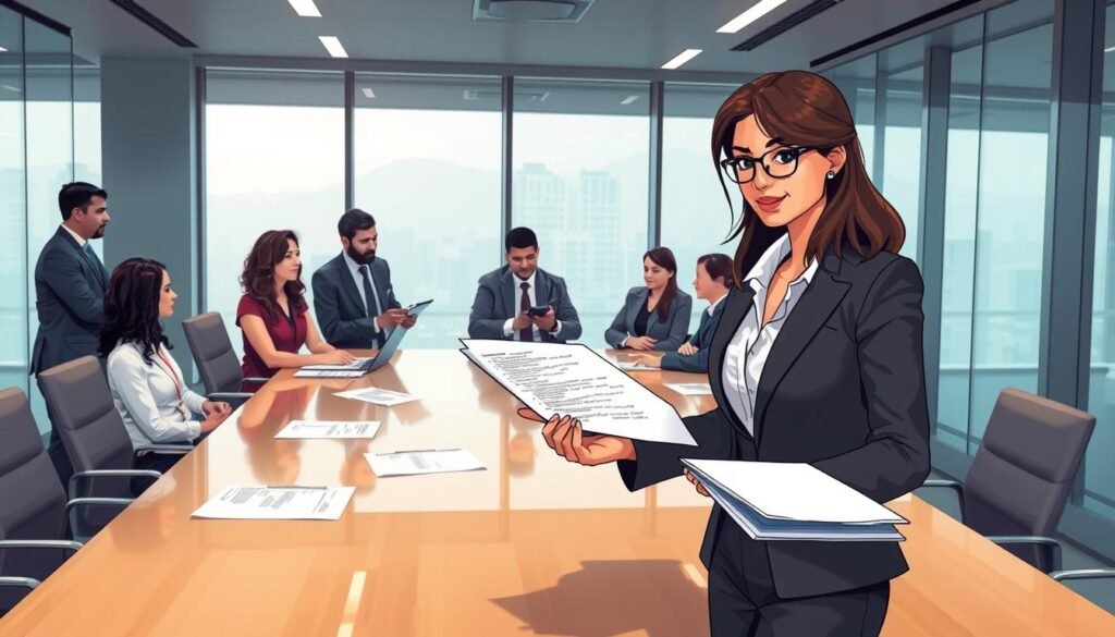 A detailed illustration of a business meeting in a modern office environment, showcasing a diverse group of professionals discussing legal documents related to the "Ley de Garantías" in Colombia. In the foreground, illustrate a confident female lawyer presenting a contract, dressed in professional business attire, with papers laid out on a polished conference table. In the middle ground, include a diverse team of professionals—men and women of various ethnicities—engaged in discussion, reviewing documents, and taking notes. The background features large windows allowing natural light to flood the room, highlighting the sleek, contemporary design of the office. The atmosphere should convey a serious yet collaborative mood, underscoring the importance of legal interpretation and decision-making. Use soft, warm lighting to create a welcoming environment, captured from a slightly elevated angle to encompass the entire scene. A detailed illustration of a business meeting in a modern office environment, showcasing a diverse group of professionals discussing legal documents related to the "Ley de Garantías" in Colombia. In the foreground, illustrate a confident female lawyer presenting a contract, dressed in professional business attire, with papers laid out on a polished conference table. In the middle ground, include a diverse team of professionals—men and women of various ethnicities—engaged in discussion, reviewing documents, and taking notes. The background features large windows allowing natural light to flood the room, highlighting the sleek, contemporary design of the office. The atmosphere should convey a serious yet collaborative mood, underscoring the importance of legal interpretation and decision-making. Use soft, warm lighting to create a welcoming environment, captured from a slightly elevated angle to encompass the entire scene.