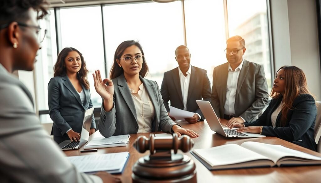 A modern office setting featuring a diverse group of four professionals engaged in a discussion about justified exceptions in contract law. The foreground highlights a confident woman in business attire, gesturing with a hand as she presents her ideas, surrounded by attentive colleagues. The middle section includes a large conference table with documents, laptops, and a legal textbook opened, emphasizing the seriousness of the topic. In the background, large windows allow natural light to spill in, casting a warm, inviting glow on the participants. The mood is collaborative and focused, conveying a sense of urgency and importance in the decision-making process. The composition is well-balanced, with an angle that showcases both the individuals and their surroundings, creating an atmosphere of professionalism and engagement. A modern office setting featuring a diverse group of four professionals engaged in a discussion about justified exceptions in contract law. The foreground highlights a confident woman in business attire, gesturing with a hand as she presents her ideas, surrounded by attentive colleagues. The middle section includes a large conference table with documents, laptops, and a legal textbook opened, emphasizing the seriousness of the topic. In the background, large windows allow natural light to spill in, casting a warm, inviting glow on the participants. The mood is collaborative and focused, conveying a sense of urgency and importance in the decision-making process. The composition is well-balanced, with an angle that showcases both the individuals and their surroundings, creating an atmosphere of professionalism and engagement.