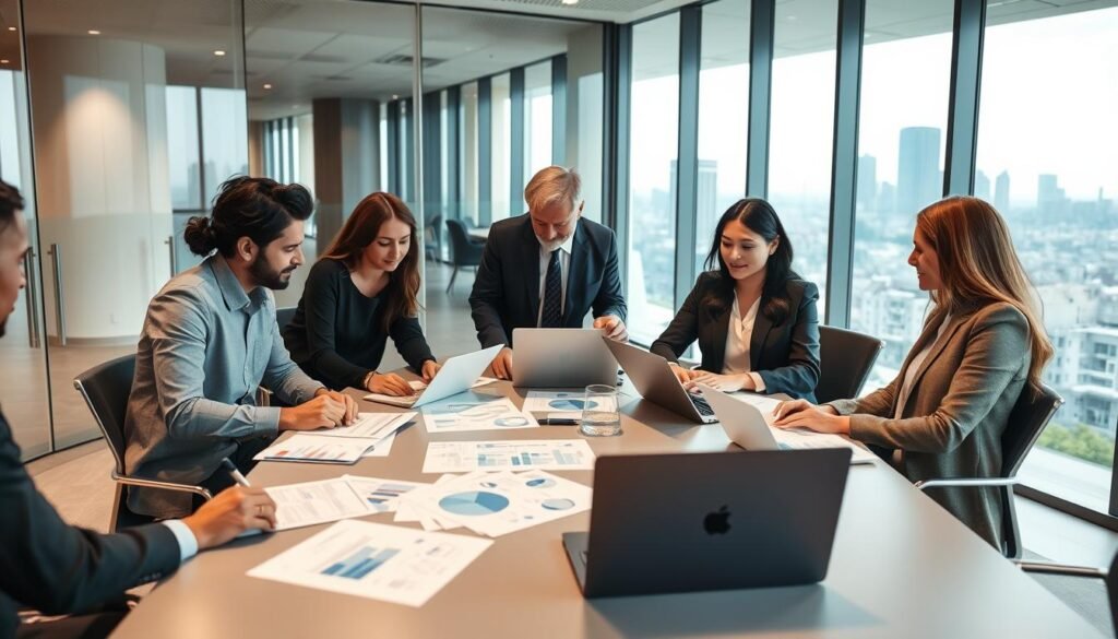 A modern office setting filled with diverse professionals engaged in a collaborative meeting about interadministrative agreements. In the foreground, two well-dressed men and women are animatedly discussing documents spread across the table, showcasing charts and graphs related to public administration and service contracts. The middle features a sleek conference table surrounded by laptops and legal papers, with a large window behind them letting in natural light, highlighting the focus on teamwork. The background shows glass walls with views of a city skyline, conveying a sense of urgency and professionalism in a corporate environment. The mood is dynamic and focused, with soft, ambient lighting creating a productive atmosphere. A modern office setting filled with diverse professionals engaged in a collaborative meeting about interadministrative agreements. In the foreground, two well-dressed men and women are animatedly discussing documents spread across the table, showcasing charts and graphs related to public administration and service contracts. The middle features a sleek conference table surrounded by laptops and legal papers, with a large window behind them letting in natural light, highlighting the focus on teamwork. The background shows glass walls with views of a city skyline, conveying a sense of urgency and professionalism in a corporate environment. The mood is dynamic and focused, with soft, ambient lighting creating a productive atmosphere.