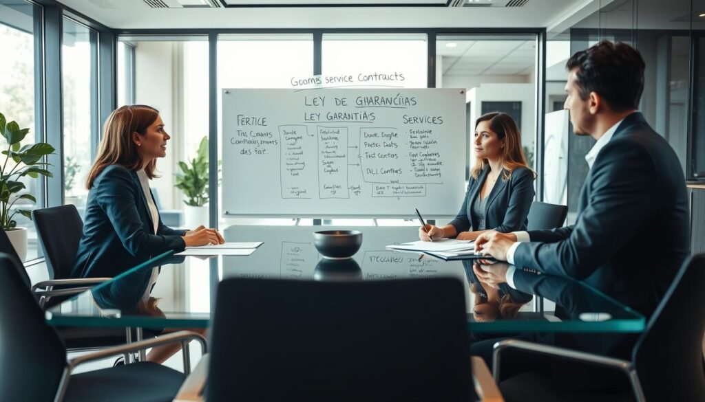 A professional business meeting scene set in a stylish office environment. In the foreground, a diverse group of three professionals, two women and one man, are seated around a modern glass conference table, engaged in a discussion about service contracts. They are dressed in smart business attire, with a mix of dark suits and blouses. The middle ground features a large whiteboard filled with diagrams and notes about the "Ley de Garantías." In the background, the office boasts large windows with natural light streaming in, creating an inviting atmosphere. The mood is focused and collaborative, emphasizing teamwork and strategic planning. Use soft lighting to enhance the professional environment, shot from a slightly elevated angle to capture the dynamics of the conversation. A professional business meeting scene set in a stylish office environment. In the foreground, a diverse group of three professionals, two women and one man, are seated around a modern glass conference table, engaged in a discussion about service contracts. They are dressed in smart business attire, with a mix of dark suits and blouses. The middle ground features a large whiteboard filled with diagrams and notes about the "Ley de Garantías." In the background, the office boasts large windows with natural light streaming in, creating an inviting atmosphere. The mood is focused and collaborative, emphasizing teamwork and strategic planning. Use soft lighting to enhance the professional environment, shot from a slightly elevated angle to capture the dynamics of the conversation.