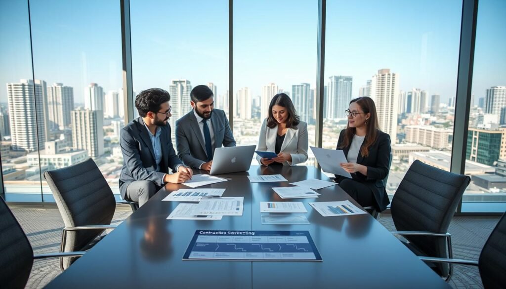 A professional business meeting taking place in a modern office setting. In the foreground, a diverse group of four individuals – two men and two women – are engaged in discussion while reviewing documents and a laptop, all dressed in smart business attire. The middle of the image features a sleek conference table with paperwork, financial reports, and a tablet displaying a timeline of contracting processes. In the background, large windows reveal a city skyline, filled with tall buildings under clear blue skies, emphasizing a sense of professionalism and ambition. Soft, natural lighting enhances the atmosphere, creating an inviting and collaborative mood. The camera angle is slightly elevated, providing a clear view of the team dynamic and the ongoing discussions about Colombia's contracting laws. A professional business meeting taking place in a modern office setting. In the foreground, a diverse group of four individuals – two men and two women – are engaged in discussion while reviewing documents and a laptop, all dressed in smart business attire. The middle of the image features a sleek conference table with paperwork, financial reports, and a tablet displaying a timeline of contracting processes. In the background, large windows reveal a city skyline, filled with tall buildings under clear blue skies, emphasizing a sense of professionalism and ambition. Soft, natural lighting enhances the atmosphere, creating an inviting and collaborative mood. The camera angle is slightly elevated, providing a clear view of the team dynamic and the ongoing discussions about Colombia's contracting laws.