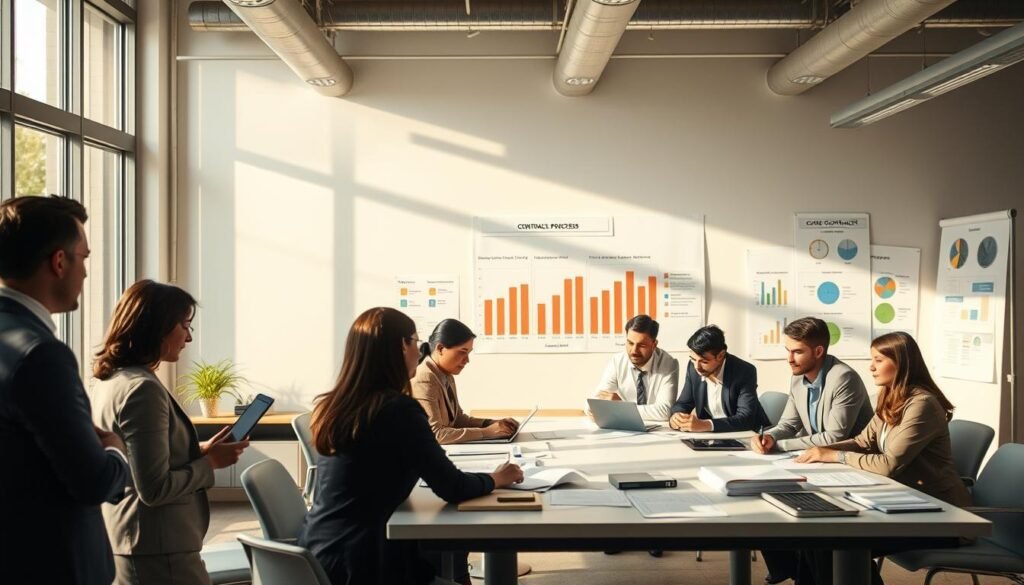 A professional business setting depicting "contractual processes" in the foreground, with a diverse group of individuals in business attire engaged in discussions over a large table covered in documents and digital devices. In the middle ground, a large window allows natural light to flood the room, casting soft shadows and highlighting the faces of the engaged participants. Behind them, a modern office environment with charts and visuals illustrating contract stages on the walls. Soft, warm lighting is used to create a collaborative and optimistic atmosphere, emphasizing teamwork and professionalism. The perspective is slightly above eye level to provide a clear view of the interactions and details of the setting, showcasing a dynamic workflow in the context of Colombia's public service contracting laws. A professional business setting depicting "contractual processes" in the foreground, with a diverse group of individuals in business attire engaged in discussions over a large table covered in documents and digital devices. In the middle ground, a large window allows natural light to flood the room, casting soft shadows and highlighting the faces of the engaged participants. Behind them, a modern office environment with charts and visuals illustrating contract stages on the walls. Soft, warm lighting is used to create a collaborative and optimistic atmosphere, emphasizing teamwork and professionalism. The perspective is slightly above eye level to provide a clear view of the interactions and details of the setting, showcasing a dynamic workflow in the context of Colombia's public service contracting laws.