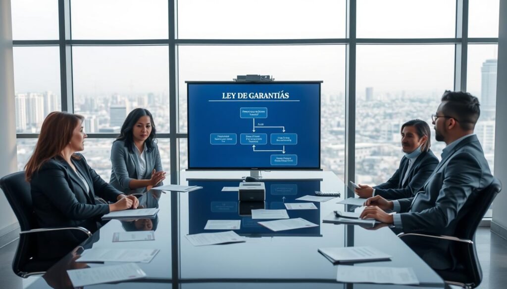 A professional meeting room setting, illuminated by soft, natural light filtering through large windows. In the foreground, a diverse group of four individuals in business attire are engaged in a focused discussion around a sleek conference table strewn with documents related to the "Ley de Garantías." In the middle, a digital projector displays a flowchart depicting the exceptions and compliance aspects of the law, embodying a dynamic exchange of ideas. The background features a cityscape visible through the glass, symbolizing the connection between law and essential services. The atmosphere is serious yet collaborative, emphasizing the importance of applying the law effectively without hindering vital services. The image should have a clear and professional composition, captured from a slightly elevated angle to encompass the full scene. A professional meeting room setting, illuminated by soft, natural light filtering through large windows. In the foreground, a diverse group of four individuals in business attire are engaged in a focused discussion around a sleek conference table strewn with documents related to the "Ley de Garantías." In the middle, a digital projector displays a flowchart depicting the exceptions and compliance aspects of the law, embodying a dynamic exchange of ideas. The background features a cityscape visible through the glass, symbolizing the connection between law and essential services. The atmosphere is serious yet collaborative, emphasizing the importance of applying the law effectively without hindering vital services. The image should have a clear and professional composition, captured from a slightly elevated angle to encompass the full scene.