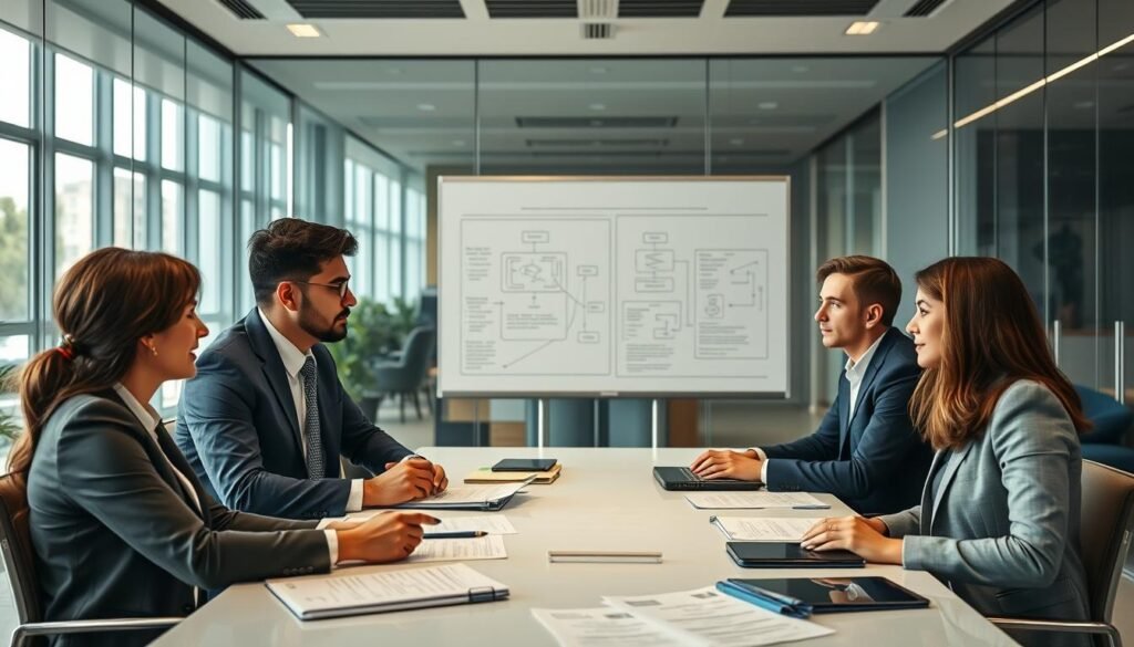 A professional office setting illustrating the concept of "convenios interadministrativos" related to Colombian law. In the foreground, a diverse group of three individuals in formal business attire, engaged in a focused discussion around a conference table filled with paperwork and digital devices. In the middle ground, a large whiteboard displays flowcharts and diagrams, symbolizing contractual agreements. The background features a sleek, modern office with glass walls, allowing natural light to filter in, creating a warm and inviting atmosphere. Soft, diffused lighting highlights the scene while maintaining professionalism. The overall mood is serious yet collaborative, emphasizing teamwork and the significance of legal frameworks in public administration. A professional office setting illustrating the concept of "convenios interadministrativos" related to Colombian law. In the foreground, a diverse group of three individuals in formal business attire, engaged in a focused discussion around a conference table filled with paperwork and digital devices. In the middle ground, a large whiteboard displays flowcharts and diagrams, symbolizing contractual agreements. The background features a sleek, modern office with glass walls, allowing natural light to filter in, creating a warm and inviting atmosphere. Soft, diffused lighting highlights the scene while maintaining professionalism. The overall mood is serious yet collaborative, emphasizing teamwork and the significance of legal frameworks in public administration.