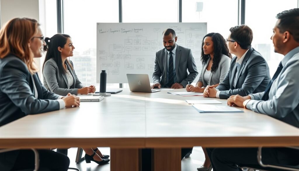 A professional setting depicting a government meeting focused on public procurement. In the foreground, a diverse group of five business professionals, dressed in formal business attire, are engaged in a discussion around a large conference table, with documents, charts, and a laptop visible. The middle ground features a whiteboard filled with flowcharts related to governmental contracting processes. In the background, large windows let in natural light, illuminating the modern office space. Soft shadows and bright highlights create a collaborative atmosphere. The camera angle is slightly elevated, capturing the dynamics of the meeting while retaining focus on the participants, emphasizing professionalism and the importance of compliance with electoral guarantees. A professional setting depicting a government meeting focused on public procurement. In the foreground, a diverse group of five business professionals, dressed in formal business attire, are engaged in a discussion around a large conference table, with documents, charts, and a laptop visible. The middle ground features a whiteboard filled with flowcharts related to governmental contracting processes. In the background, large windows let in natural light, illuminating the modern office space. Soft shadows and bright highlights create a collaborative atmosphere. The camera angle is slightly elevated, capturing the dynamics of the meeting while retaining focus on the participants, emphasizing professionalism and the importance of compliance with electoral guarantees.