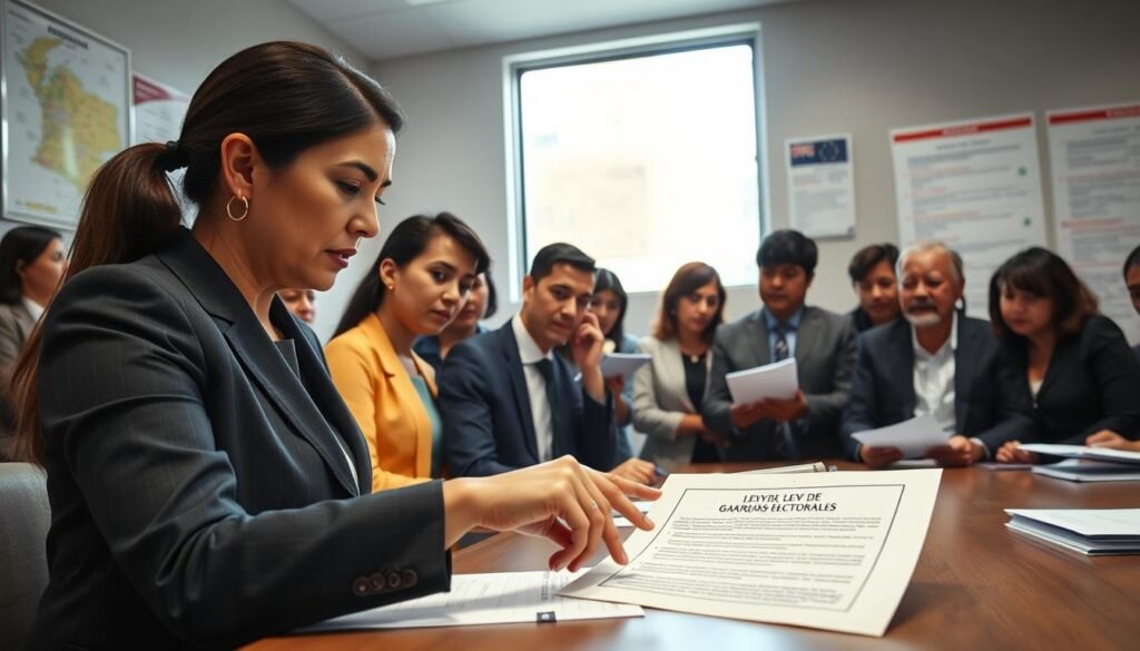 A professional setting depicts a group of diverse Colombian electoral officials gathered around a table, engaged in a serious discussion about electoral guarantees. In the foreground, focus on a well-dressed female official, pointing at a document titled "Ley de Garantías Electorales." In the middle ground, show diverse officials, some taking notes, and others examining electoral materials. The background features a large window with natural light pouring in, illuminating a wall displaying a map of Colombia and regulations. The atmosphere is formal and focused, conveying the importance of upholding electoral integrity and civic duty. The scene is shot with a slight upward angle to emphasize the officials' dedication, evoking a mood of professionalism and authority. A professional setting depicts a group of diverse Colombian electoral officials gathered around a table, engaged in a serious discussion about electoral guarantees. In the foreground, focus on a well-dressed female official, pointing at a document titled "Ley de Garantías Electorales." In the middle ground, show diverse officials, some taking notes, and others examining electoral materials. The background features a large window with natural light pouring in, illuminating a wall displaying a map of Colombia and regulations. The atmosphere is formal and focused, conveying the importance of upholding electoral integrity and civic duty. The scene is shot with a slight upward angle to emphasize the officials' dedication, evoking a mood of professionalism and authority.