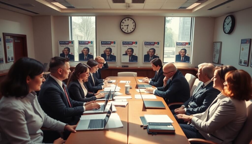 A professional setting showcasing a government office during election season, filled with officials. In the foreground, a diverse group of professionals in business attire is engaged in a discussion around a table laden with documents and laptops. The middle-ground features an elegant conference room with large windows allowing natural light to stream in, casting soft shadows. In the background, a wall displays official election posters and a clock showing time, emphasizing the urgency of the period. The overall atmosphere is serious yet focused, reflecting the importance of regulations related to public service contracts during elections. Soft, warm lighting enhances concentration, creating a professional and respectful environment. A professional setting showcasing a government office during election season, filled with officials. In the foreground, a diverse group of professionals in business attire is engaged in a discussion around a table laden with documents and laptops. The middle-ground features an elegant conference room with large windows allowing natural light to stream in, casting soft shadows. In the background, a wall displays official election posters and a clock showing time, emphasizing the urgency of the period. The overall atmosphere is serious yet focused, reflecting the importance of regulations related to public service contracts during elections. Soft, warm lighting enhances concentration, creating a professional and respectful environment.