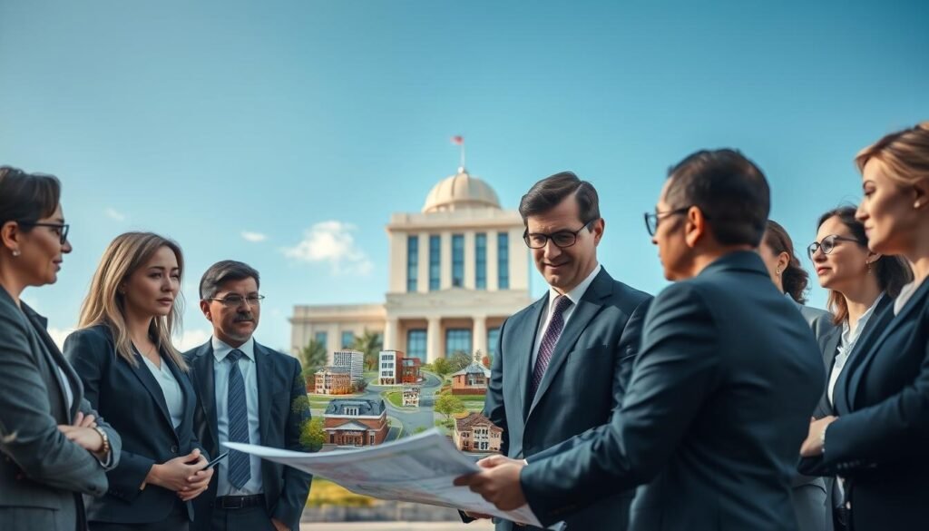 A professional setting showcasing public officials interacting with municipal properties, embodying the concept of "uso bienes públicos." In the foreground, a diverse group of server and executive officers dressed in professional business attire, engaged in a discussion over a map and documents. In the middle, various public assets like parks, libraries, and community centers, subtly included to represent public goods being discussed. The background features a modern government building under a clear blue sky, symbolizing transparency and accountability. Soft, natural lighting enhances the atmosphere, creating a sense of responsibility and professionalism. The angle is slightly elevated, providing a panoramic view of the scene to emphasize the importance of ethical management of public resources. A professional setting showcasing public officials interacting with municipal properties, embodying the concept of "uso bienes públicos." In the foreground, a diverse group of server and executive officers dressed in professional business attire, engaged in a discussion over a map and documents. In the middle, various public assets like parks, libraries, and community centers, subtly included to represent public goods being discussed. The background features a modern government building under a clear blue sky, symbolizing transparency and accountability. Soft, natural lighting enhances the atmosphere, creating a sense of responsibility and professionalism. The angle is slightly elevated, providing a panoramic view of the scene to emphasize the importance of ethical management of public resources.
