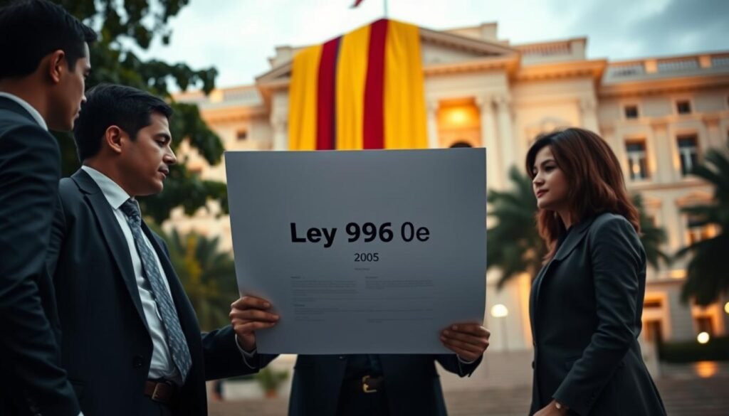A symbolic representation of Ley 996 de 2005 in Colombia. In the foreground, a diverse group of three professionals—two men and one woman—dressed in formal business attire, engaged in a discussion around a large document titled "Ley 996 de 2005." In the middle ground, a large Colombian flag drapes elegantly, symbolizing democracy and national pride. The background features the Colombian Congress building, subtly illuminated by soft golden lighting, suggesting early evening. The overall atmosphere is serious yet hopeful, emphasizing the importance of the law in promoting democratic values. The composition should be well-balanced, focusing on the professionals while allowing the flag and building to provide context. Capture this scene with a slight depth of field to draw attention to the foreground subjects. A symbolic representation of Ley 996 de 2005 in Colombia. In the foreground, a diverse group of three professionals—two men and one woman—dressed in formal business attire, engaged in a discussion around a large document titled "Ley 996 de 2005." In the middle ground, a large Colombian flag drapes elegantly, symbolizing democracy and national pride. The background features the Colombian Congress building, subtly illuminated by soft golden lighting, suggesting early evening. The overall atmosphere is serious yet hopeful, emphasizing the importance of the law in promoting democratic values. The composition should be well-balanced, focusing on the professionals while allowing the flag and building to provide context. Capture this scene with a slight depth of field to draw attention to the foreground subjects.