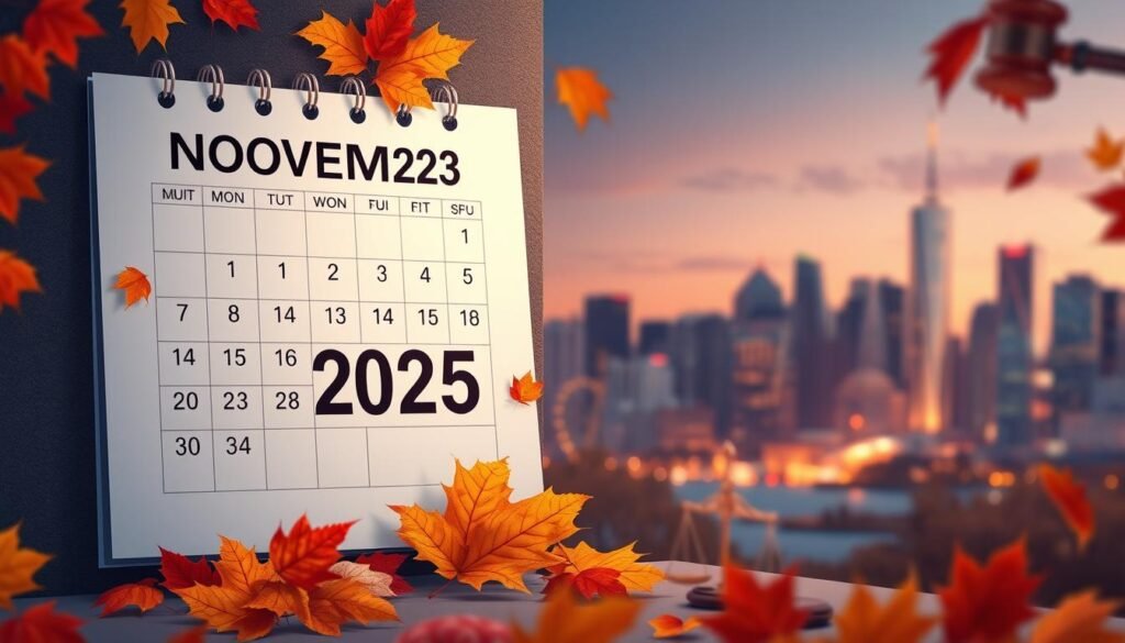 Create an illustration representing "November 2025" with a focus on a calendar theme. In the foreground, depict a large wall calendar page turning to show November, with autumn leaves in vibrant colors such as orange, yellow, and red scattered around. In the middle ground, include subtle symbols of law and governance, like a gavel and scales of justice, integrated into the design, symbolizing legal changes. In the background, a soft-focus view of a modern city skyline at dusk, with warm lighting that creates an inviting atmosphere, hinting at the approach of significant legislative changes. The mood is serious yet hopeful, capturing the essence of anticipation for future reforms. Use a wide-angle perspective to emphasize the calendar and the urban setting, ensuring a professional, polished appearance. Create an illustration representing "November 2025" with a focus on a calendar theme. In the foreground, depict a large wall calendar page turning to show November, with autumn leaves in vibrant colors such as orange, yellow, and red scattered around. In the middle ground, include subtle symbols of law and governance, like a gavel and scales of justice, integrated into the design, symbolizing legal changes. In the background, a soft-focus view of a modern city skyline at dusk, with warm lighting that creates an inviting atmosphere, hinting at the approach of significant legislative changes. The mood is serious yet hopeful, capturing the essence of anticipation for future reforms. Use a wide-angle perspective to emphasize the calendar and the urban setting, ensuring a professional, polished appearance.