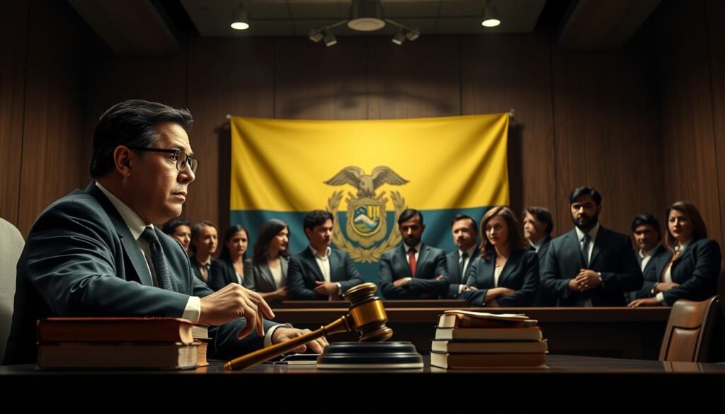 A balanced composition depicting a courtroom setting that illustrates the concept of "circunstancias agravación punitiva." In the foreground, a focused judge in professional attire sits at a gavel with a serious expression, next to law books symbolizing legal frameworks. In the middle, a group of diverse lawyers representing both defense and prosecution, deeply engaged in a discussion, showcasing determination and professionalism. The background features a stylized depiction of the Colombian flag, subtly illuminated by a soft overhead light, reflecting a somber yet authoritative atmosphere. The lighting conveys a sense of seriousness and gravity, with shadows creating depth. The overall mood is tense but focused, ideal for a legal analysis context. A balanced composition depicting a courtroom setting that illustrates the concept of "circunstancias agravación punitiva." In the foreground, a focused judge in professional attire sits at a gavel with a serious expression, next to law books symbolizing legal frameworks. In the middle, a group of diverse lawyers representing both defense and prosecution, deeply engaged in a discussion, showcasing determination and professionalism. The background features a stylized depiction of the Colombian flag, subtly illuminated by a soft overhead light, reflecting a somber yet authoritative atmosphere. The lighting conveys a sense of seriousness and gravity, with shadows creating depth. The overall mood is tense but focused, ideal for a legal analysis context.