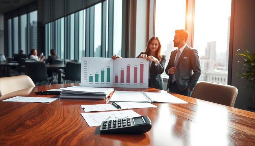 A balanced composition showcasing a professional business setting representing the concept of "cuantía." In the foreground, a polished wooden table with documents, charts, and a calculator arranged neatly, reflecting financial planning. In the middle ground, a diverse group of three professionals dressed in business attire, engaged in a thoughtful discussion, pointing at a chart depicting bidding amounts and strategies. The background features a large window with natural light streaming in, illuminating a cityscape outside, symbolizing opportunity and competition. The atmosphere is focused and collaborative, conveying a sense of strategy and determination within the bidding process. The image captures a moment of analysis and teamwork, ideal for illustrating lower bids and strategic planning in procurement. A balanced composition showcasing a professional business setting representing the concept of "cuantía." In the foreground, a polished wooden table with documents, charts, and a calculator arranged neatly, reflecting financial planning. In the middle ground, a diverse group of three professionals dressed in business attire, engaged in a thoughtful discussion, pointing at a chart depicting bidding amounts and strategies. The background features a large window with natural light streaming in, illuminating a cityscape outside, symbolizing opportunity and competition. The atmosphere is focused and collaborative, conveying a sense of strategy and determination within the bidding process. The image captures a moment of analysis and teamwork, ideal for illustrating lower bids and strategic planning in procurement.