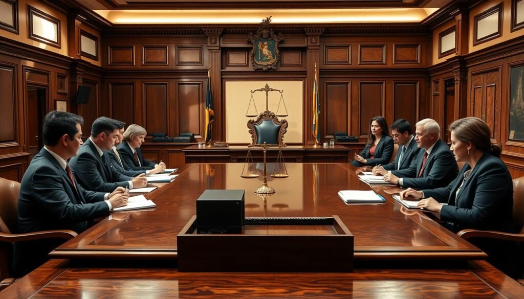 A balanced depiction of the ordinary jurisdictional bodies of Colombia's penal system, showcasing a dignified courtroom setting. In the foreground, a diverse group of professionals in formal business attire—judges, lawyers, and law clerks—engaged in serious discussion around a large, polished wooden table. In the middle ground, a classic courtroom setting with an ornate judge's bench, symbols of justice like the scales, and vivid legal documents scattered on the table. The background features large windows casting soft, natural lighting, enhancing the serious atmosphere. The overall mood is one of professionalism and gravitas, conveying the weight of justice and decision-making within the Colombian legal framework. A balanced depiction of the ordinary jurisdictional bodies of Colombia's penal system, showcasing a dignified courtroom setting. In the foreground, a diverse group of professionals in formal business attire—judges, lawyers, and law clerks—engaged in serious discussion around a large, polished wooden table. In the middle ground, a classic courtroom setting with an ornate judge's bench, symbols of justice like the scales, and vivid legal documents scattered on the table. The background features large windows casting soft, natural lighting, enhancing the serious atmosphere. The overall mood is one of professionalism and gravitas, conveying the weight of justice and decision-making within the Colombian legal framework.
