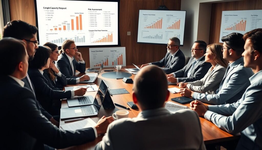 A business meeting room filled with professionals analyzing financial reports, focused on risk assessment. In the foreground, a diverse group of individuals in formal business attire, intently examining charts and graphs projected on a screen, highlighting financial data with risk indicators marked in red. The middle ground features a large wooden conference table cluttered with laptops, notepads, and coffee cups. In the background, a large window lets in natural light, illuminating the room with a bright yet serious atmosphere. Soft shadows create depth, emphasizing the determination and concentration on the faces of the professionals as they discuss compliance and timely performance. The overall mood is one of urgency and focus, with a slight tension reflecting the importance of making informed decisions regarding financial capacity for bidding.