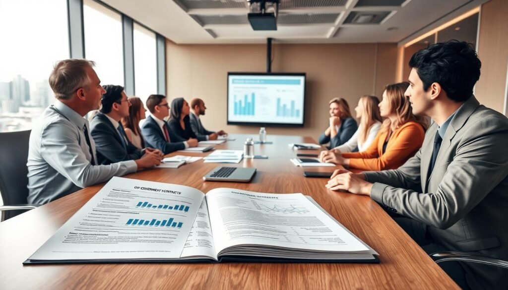 A business meeting scene set in a modern conference room, emphasizing a large table surrounded by diverse professionals in formal business attire engaged in a discussion about government contracts. In the foreground, an open proposal document with charts and graphs illustrates the project. The middle ground features individuals animatedly discussing, with a sense of collaboration, while a projector screen displays key points and data. The background shows a large window with a cityscape view, suggesting an urban environment. Soft, natural lighting floods the room, creating an atmosphere of professionalism and focus. The angle is slightly elevated, capturing both the table's details and the engaged expressions of the participants.