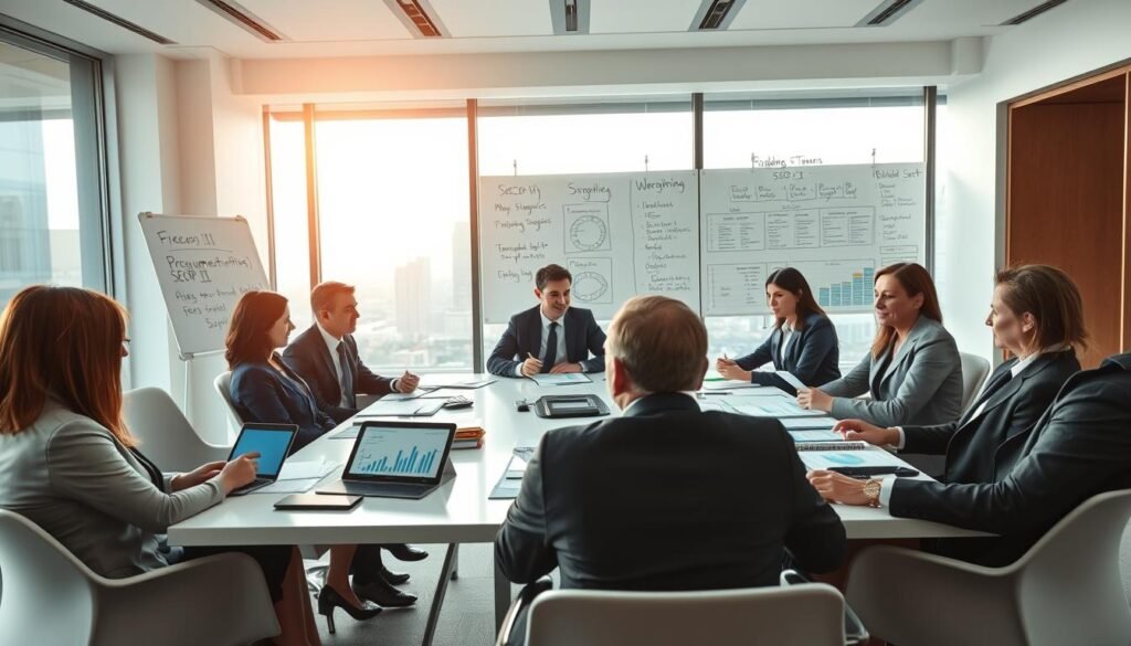 A business meeting set in a modern, well-lit office environment. In the foreground, a diverse group of professionals dressed in smart business attire, engaged in a discussion around a sleek conference table filled with documents and digital devices showcasing graphs and charts related to procurement opportunities. In the middle, a large window with a view of a city skyline, allowing natural light to stream in, enhancing the productive atmosphere. In the background, a whiteboard filled with strategic plans and notes about SECOP II, illustrating a focus on bidding sectors. The overall mood is collaborative and dynamic, emphasizing teamwork and innovative solutions for finding tenders as suppliers. Soft lighting creates a warm ambiance, highlighting the determination and professionalism of the individuals.