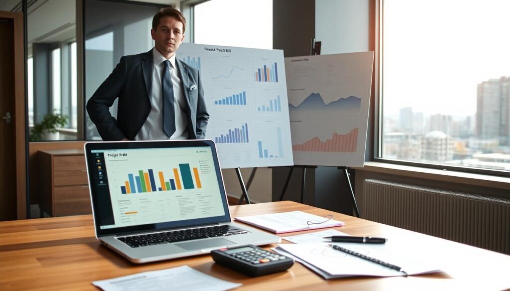 A business professional in an office setting, dressed in a sharp suit, stands confidently beside a large presentation board filled with charts and graphs showcasing a construction project bid. In the foreground, a modern laptop displays project details, while a calculator and paperwork are neatly arranged on the desk. The middle ground includes a large window with natural light streaming in, illuminating the workspace. In the background, a cityscape can be seen through the window, symbolizing growth and opportunity. The atmosphere is focused and ambitious, with a sense of determination in the air. Use soft, warm lighting to create a welcoming yet professional mood, captured from a slightly elevated angle to emphasize the room's depth.