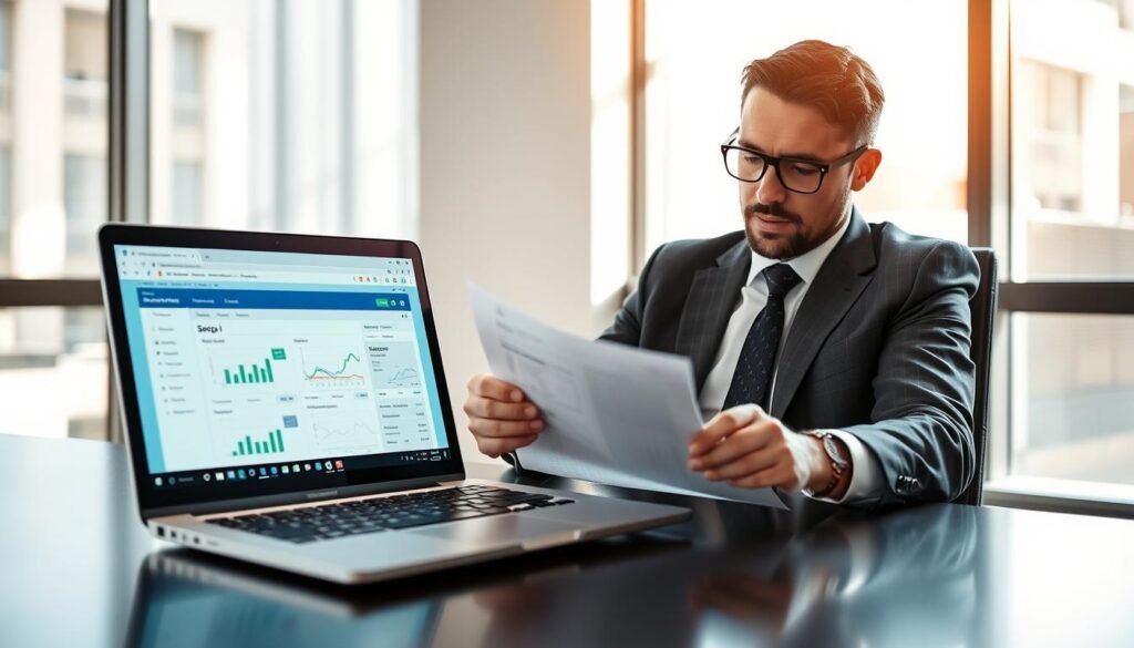 A business professional in formal attire, seated at a sleek desk with a laptop open, reviewing a digital document related to a Secop II offer submission. The foreground features a close-up of their focused expression, highlighting determination and attention to detail. In the middle ground, the laptop screen displays a well-organized interface of Secop II, with graphs and tabs illustrating the offer submission process. The background showcases a modern office environment, with large windows letting in natural daylight, casting soft shadows and creating an atmosphere of productivity and professionalism. The overall mood is one of ambition and diligence, emphasizing the importance of follow-up in a competitive process. The image should be well-lit, using a shallow depth of field to emphasize the subject while softly blurring the background elements. A business professional in formal attire, seated at a sleek desk with a laptop open, reviewing a digital document related to a Secop II offer submission. The foreground features a close-up of their focused expression, highlighting determination and attention to detail. In the middle ground, the laptop screen displays a well-organized interface of Secop II, with graphs and tabs illustrating the offer submission process. The background showcases a modern office environment, with large windows letting in natural daylight, casting soft shadows and creating an atmosphere of productivity and professionalism. The overall mood is one of ambition and diligence, emphasizing the importance of follow-up in a competitive process. The image should be well-lit, using a shallow depth of field to emphasize the subject while softly blurring the background elements.