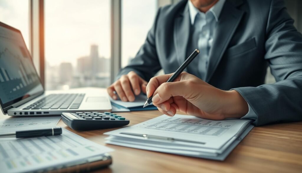 A business professional seated at a sleek, modern desk surrounded by financial documents, a calculator, and a laptop displaying graphs and charts. The foreground features a close-up of a hand calculating figures with a pen on a notepad, symbolizing the detailed work of managing payment commissions. In the background, soft-focused imagery of a city skyline suggests the bustling financial environment of Colombia. Soft, natural lighting filters through a large window, creating a warm and focused atmosphere. The image conveys a sense of diligence and responsibility, reflecting the complexities of liquidity management throughout the month in a banking context. A subtle, professional color palette of blues and greys enhances the mood without distraction. A business professional seated at a sleek, modern desk surrounded by financial documents, a calculator, and a laptop displaying graphs and charts. The foreground features a close-up of a hand calculating figures with a pen on a notepad, symbolizing the detailed work of managing payment commissions. In the background, soft-focused imagery of a city skyline suggests the bustling financial environment of Colombia. Soft, natural lighting filters through a large window, creating a warm and focused atmosphere. The image conveys a sense of diligence and responsibility, reflecting the complexities of liquidity management throughout the month in a banking context. A subtle, professional color palette of blues and greys enhances the mood without distraction.