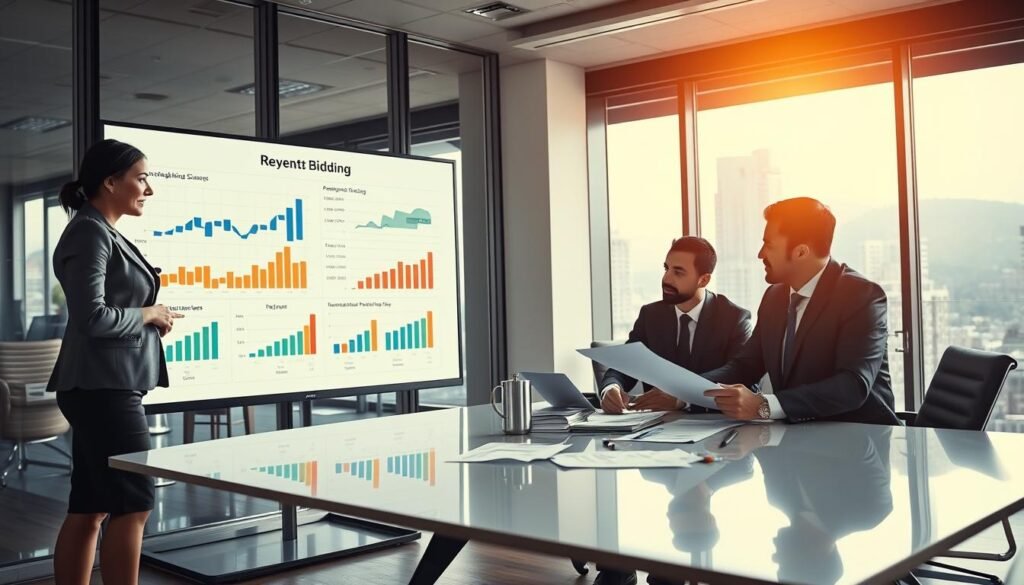 A bustling business office scene depicting a diverse group of professionals engaged in a strategic meeting. In the foreground, a professional woman in a smart business suit stands by a large presentation screen displaying recent bidding charts and graphs, conveying a sense of urgency and opportunity. In the middle ground, two men in business attire are seated around a sleek conference table, analyzing documents and discussing potential projects. The background features large windows with a view of a modern cityscape, illuminated by warm, natural light pouring in, creating an optimistic ambiance. The overall mood is focused and collaborative, emphasizing teamwork and the pursuit of new business opportunities in Antioquia's bidding landscape. A bustling business office scene depicting a diverse group of professionals engaged in a strategic meeting. In the foreground, a professional woman in a smart business suit stands by a large presentation screen displaying recent bidding charts and graphs, conveying a sense of urgency and opportunity. In the middle ground, two men in business attire are seated around a sleek conference table, analyzing documents and discussing potential projects. The background features large windows with a view of a modern cityscape, illuminated by warm, natural light pouring in, creating an optimistic ambiance. The overall mood is focused and collaborative, emphasizing teamwork and the pursuit of new business opportunities in Antioquia's bidding landscape.