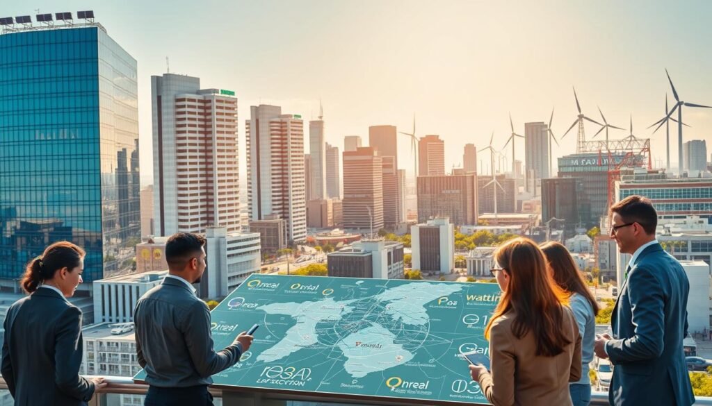 A bustling cityscape featuring modern public service companies, showcasing various utilities like electricity, water, and telecommunications. In the foreground, diverse professionals in business attire engage in discussions around a digital map displaying utility infrastructure, conveying collaboration and investment. The middle ground highlights sleek office buildings branded with company logos, bathed in warm sunlight to evoke a sense of progress and modernity. The background presents a skyline with wind turbines and solar panels, symbolizing sustainable energy practices. The scene is captured from a slightly elevated angle for depth, with bright, clear skies enhancing the optimistic atmosphere, suggesting a thriving and competitive market in public services. A bustling cityscape featuring modern public service companies, showcasing various utilities like electricity, water, and telecommunications. In the foreground, diverse professionals in business attire engage in discussions around a digital map displaying utility infrastructure, conveying collaboration and investment. The middle ground highlights sleek office buildings branded with company logos, bathed in warm sunlight to evoke a sense of progress and modernity. The background presents a skyline with wind turbines and solar panels, symbolizing sustainable energy practices. The scene is captured from a slightly elevated angle for depth, with bright, clear skies enhancing the optimistic atmosphere, suggesting a thriving and competitive market in public services.
