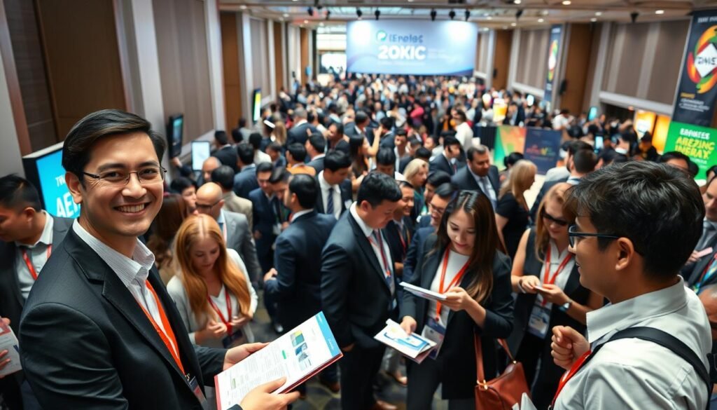 A bustling event venue filled with a diverse crowd of professionals dressed in smart business attire, navigating towards the entrance with anticipation. In the foreground, a friendly staff member assists attendees with registration, showcasing a welcoming smile. In the middle ground, a group of people consults event maps and schedules, eager to make the most of their experience. In the background, a large banner displays the event name and vibrant decor sets an energetic atmosphere. The lighting is bright yet soft, creating an inviting ambiance. The scene captures a sense of excitement and professionalism, emphasizing the importance of preparation and organization for a smooth event experience. Shot with a slight upward angle to convey grandeur and engagement.