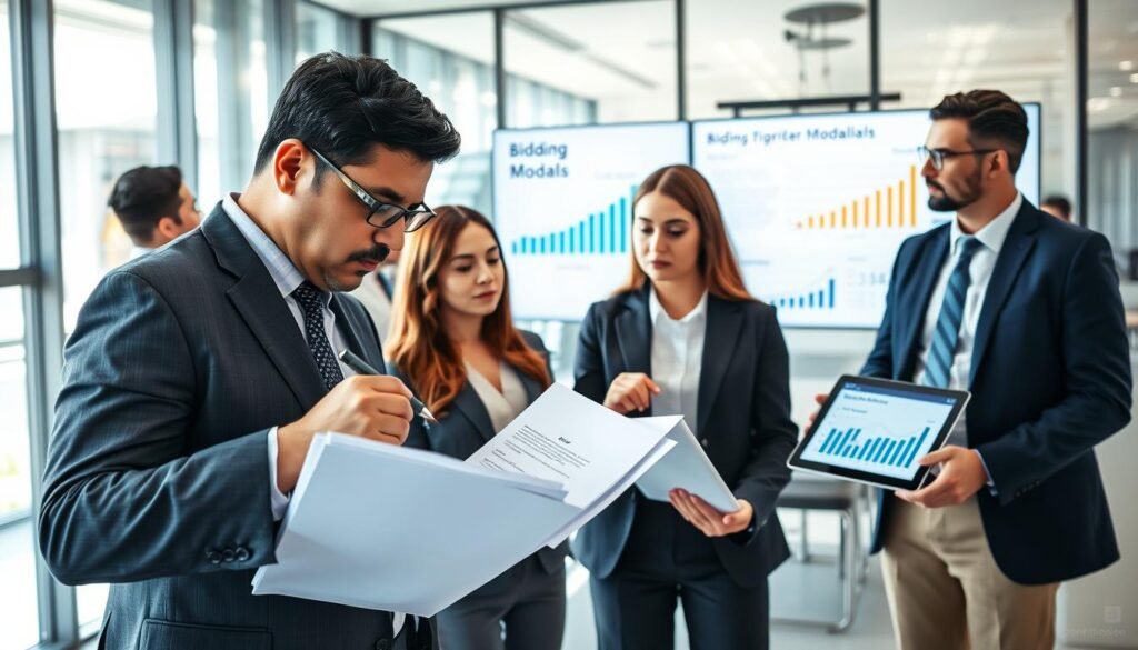 A bustling government office setting featuring a diverse group of professionals engaged in a public bidding process. In the foreground, a middle-aged Colombian man in a formal suit reviews a stack of documents, highlighting key points with a pen. Next to him, a young woman in business attire discusses plans with a serious expression while pointing at a digital tablet displaying charts. In the middle ground, a large screen shows graphs and statistics related to bidding modalities. The background consists of a modern office space with glass walls and natural light flooding in through windows, creating a bright and productive atmosphere. The mood is focused and collaborative, emphasizing teamwork and professionalism. A bustling government office setting featuring a diverse group of professionals engaged in a public bidding process. In the foreground, a middle-aged Colombian man in a formal suit reviews a stack of documents, highlighting key points with a pen. Next to him, a young woman in business attire discusses plans with a serious expression while pointing at a digital tablet displaying charts. In the middle ground, a large screen shows graphs and statistics related to bidding modalities. The background consists of a modern office space with glass walls and natural light flooding in through windows, creating a bright and productive atmosphere. The mood is focused and collaborative, emphasizing teamwork and professionalism.