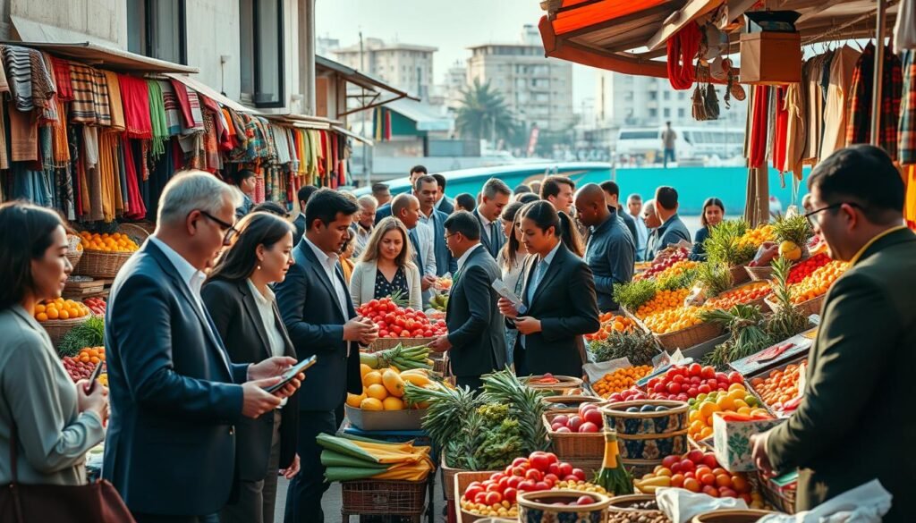 A bustling local market scene, showcasing a vibrant array of fresh produce, colorful textiles, and artisanal goods. In the foreground, a diverse group of professional individuals in business attire examines products, engaging in discussions about potential opportunities. The middle ground features market vendors proudly displaying their wares, with enticing fruits and vegetables artfully arranged. In the background, an urban landscape adds context, hinting at multilayered trade possibilities. The lighting is warm and inviting, suggesting either early morning or late afternoon, with soft shadows creating a welcoming atmosphere. The lens captures the scene in a slight wide-angle, emphasizing the dynamism and community spirit of the market. The overall mood is one of collaboration and opportunity, making it evident that this marketplace is a hub for connections and growth. A bustling local market scene, showcasing a vibrant array of fresh produce, colorful textiles, and artisanal goods. In the foreground, a diverse group of professional individuals in business attire examines products, engaging in discussions about potential opportunities. The middle ground features market vendors proudly displaying their wares, with enticing fruits and vegetables artfully arranged. In the background, an urban landscape adds context, hinting at multilayered trade possibilities. The lighting is warm and inviting, suggesting either early morning or late afternoon, with soft shadows creating a welcoming atmosphere. The lens captures the scene in a slight wide-angle, emphasizing the dynamism and community spirit of the market. The overall mood is one of collaboration and opportunity, making it evident that this marketplace is a hub for connections and growth.