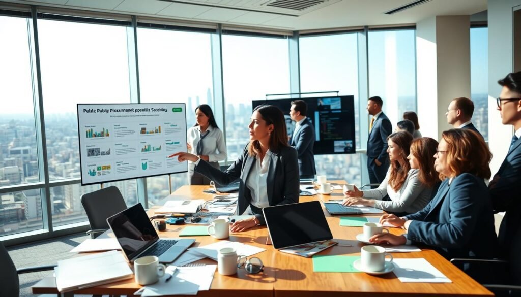 A bustling modern office environment in Colombia, showcasing a diverse group of professionals in business attire engaged in a public bidding meeting. In the foreground, a confident Colombian woman gestures towards a digital presentation displaying various public procurement opportunities. The middle ground features a conference table cluttered with documents, laptops, and coffee cups, creating an active business atmosphere. The background reveals a large window with a panoramic view of the Bogotá skyline, under a clear blue sky. The lighting is bright and inviting, casting soft shadows. Capture the mood of collaboration, ambition, and opportunity as these professionals navigate the complexities of public bidding in Colombia. A bustling modern office environment in Colombia, showcasing a diverse group of professionals in business attire engaged in a public bidding meeting. In the foreground, a confident Colombian woman gestures towards a digital presentation displaying various public procurement opportunities. The middle ground features a conference table cluttered with documents, laptops, and coffee cups, creating an active business atmosphere. The background reveals a large window with a panoramic view of the Bogotá skyline, under a clear blue sky. The lighting is bright and inviting, casting soft shadows. Capture the mood of collaboration, ambition, and opportunity as these professionals navigate the complexities of public bidding in Colombia.