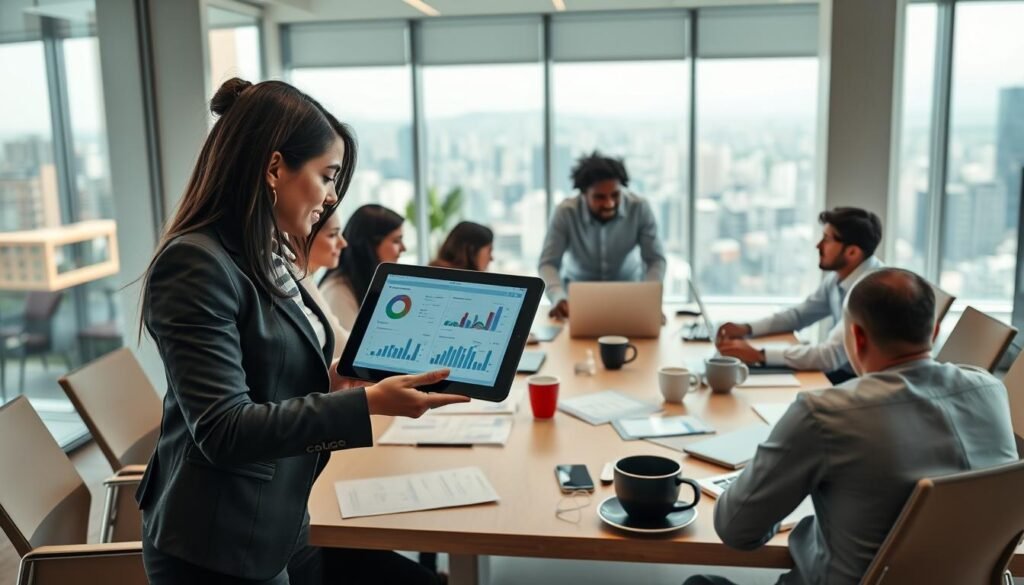 A bustling modern office space during a lively meeting, showcasing a diverse group of professionals engaged in the public procurement process in Colombia. In the foreground, a Latina woman in a smart business suit points at a digital tablet filled with graphs and data, while a Black man in a formal shirt nods in agreement. The middle ground features a large conference table cluttered with papers, laptops, and coffee cups. Background elements include a large window with daylight streaming in, revealing a vibrant cityscape of Bogotá. Soft, natural lighting enhances the collaborative atmosphere, and the angle captures both faces and the dynamic environment, emphasizing teamwork and strategic discussions surrounding key stages of contracting processes.