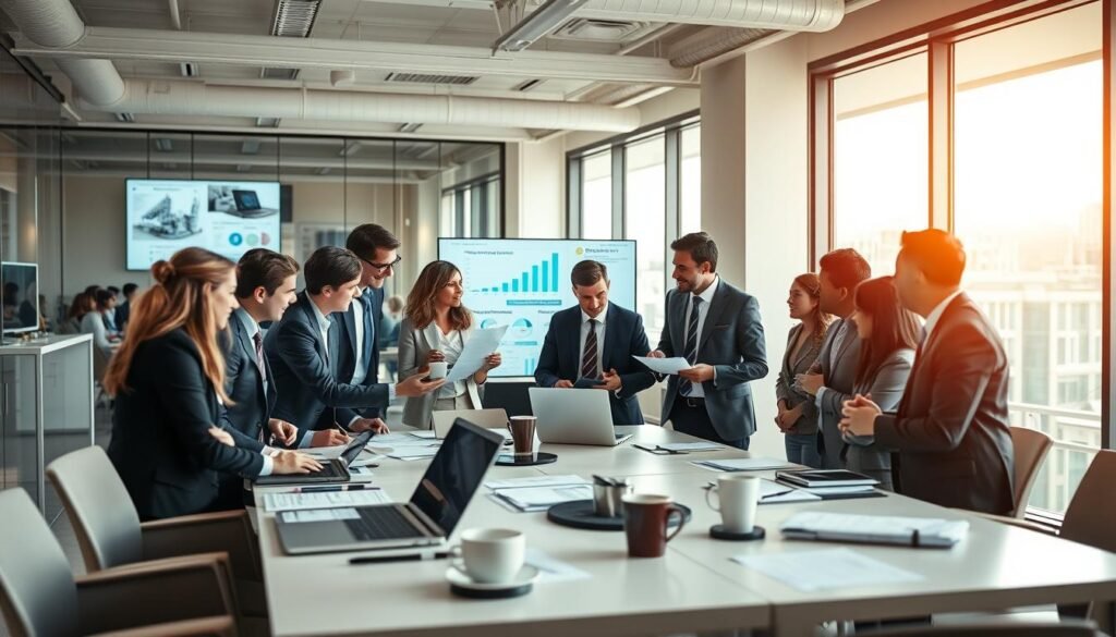 A bustling office environment depicting professionals engaged in a dynamic meeting focused on business opportunities. In the foreground, a diverse group of individuals, dressed in smart business attire, examines digital screens showcasing project proposals and charts detailing procurement processes. In the middle ground, a large conference table filled with documents, laptops, and coffee cups suggests intense collaboration. The background features large windows allowing natural light to flood the space, complemented by soft ambient lighting that creates a warm, inviting atmosphere. The overall mood is one of focus and determination, emphasizing teamwork and the pursuit of lucrative business contracts. This composition captures the essence of finding business opportunities in a contemporary corporate setting. A bustling office environment depicting professionals engaged in a dynamic meeting focused on business opportunities. In the foreground, a diverse group of individuals, dressed in smart business attire, examines digital screens showcasing project proposals and charts detailing procurement processes. In the middle ground, a large conference table filled with documents, laptops, and coffee cups suggests intense collaboration. The background features large windows allowing natural light to flood the space, complemented by soft ambient lighting that creates a warm, inviting atmosphere. The overall mood is one of focus and determination, emphasizing teamwork and the pursuit of lucrative business contracts. This composition captures the essence of finding business opportunities in a contemporary corporate setting.