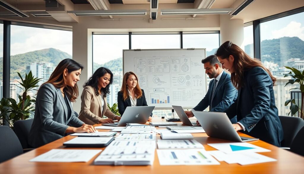 A bustling professional office environment showcasing a diverse team engaged in service provision. In the foreground, a group of four individuals – two women and two men – dressed in smart business attire, collaborate over a large table filled with documents and laptops. The middle ground features a large whiteboard filled with strategic plans and charts. The background shows floor-to-ceiling windows revealing a vibrant cityscape of Antioquia with its iconic green hills. The scene is well-lit by natural light, capturing a sense of productivity and teamwork. The atmosphere is dynamic and focused, reflecting the opportunities in service provision, with a shallow depth of field emphasizing the foreground teamwork. A bustling professional office environment showcasing a diverse team engaged in service provision. In the foreground, a group of four individuals – two women and two men – dressed in smart business attire, collaborate over a large table filled with documents and laptops. The middle ground features a large whiteboard filled with strategic plans and charts. The background shows floor-to-ceiling windows revealing a vibrant cityscape of Antioquia with its iconic green hills. The scene is well-lit by natural light, capturing a sense of productivity and teamwork. The atmosphere is dynamic and focused, reflecting the opportunities in service provision, with a shallow depth of field emphasizing the foreground teamwork.