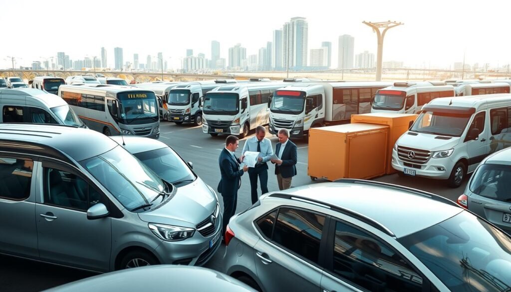 A bustling transportation hub featuring a diverse range of vehicles, including cars, buses, and trucks, prominently displayed in the foreground. In the middle ground, professional individuals in business attire are engaged in discussions, analyzing transportation plans and documents. The background showcases a city skyline with modern infrastructure, emphasizing mobility and connectivity. The lighting is bright and natural, suggesting a clear day, with the sun casting soft shadows, creating a vibrant atmosphere. Use a wide-angle lens to capture the depth of the scene, focusing on the dynamic interaction between people and vehicles. The overall mood is one of professionalism and activity, reflecting the importance of transportation services in public procurement.