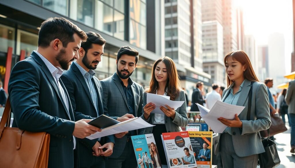 A bustling urban market scene depicting a diverse group of professionals in business attire, engaged in discussions about various services in a bright, modern environment. In the foreground, two men and a woman are reviewing documents and laptops, with expressions of concentration and collaboration. The middle ground features a display of promotional materials showcasing services offered by small businesses, such as graphic design and consulting, on a vibrant market stall. In the background, tall buildings suggest a thriving city, with soft morning sunlight illuminating the scene, casting natural shadows. The mood is energetic and optimistic, conveying a pulse of opportunity and innovation in the marketplace. Use a wide-angle lens to capture the lively interaction and urban backdrop.
