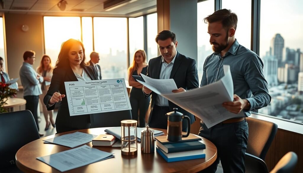 A bustling urban office setting showcasing a diverse group of professionals engaged in a discussion around regulatory frameworks for public works bidding in Colombia. In the foreground, a well-dressed female lawyer points to a detailed chart of legal regulations on a laptop. To her right, a male engineer reviews a blueprint, deep in thought. In the middle ground, a round table features documents, a coffee pot, and legal books, highlighting the collaboration. In the background, large windows reveal a city skyline, bathed in soft morning light, creating a warm, focused atmosphere. The mood is dynamic yet professional, embodying the serious nature of legal compliance and strategy in public works.