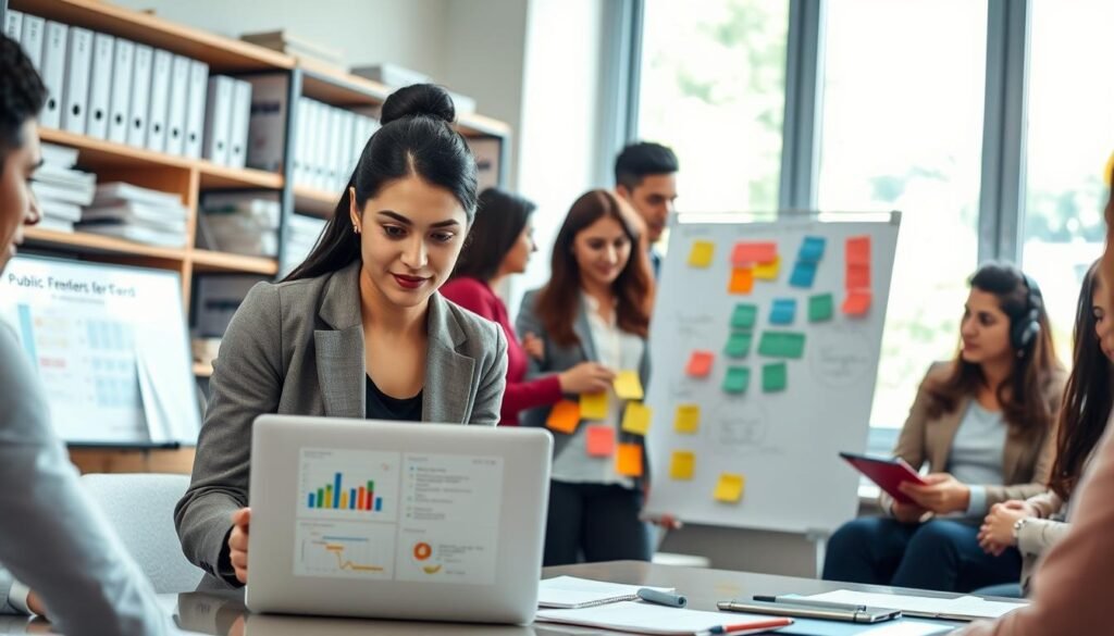 A busy office environment showcasing a diverse group of professionals engaged in a collaborative meeting. In the foreground, a focused Colombian businesswoman in professional attire examines a laptop, displaying graphs and data related to public procurement processes in SECOP. In the middle, a whiteboard filled with colorful charts and post-it notes outlining the search, selection, and prioritization strategies for public tenders. The background features shelves lined with manuals and books about public contracts, and a large window flooding the room with natural light, creating a vibrant and inspiring atmosphere. The scene captures a sense of innovation and teamwork, conveying the essence of navigating public bidding processes in Colombia. A busy office environment showcasing a diverse group of professionals engaged in a collaborative meeting. In the foreground, a focused Colombian businesswoman in professional attire examines a laptop, displaying graphs and data related to public procurement processes in SECOP. In the middle, a whiteboard filled with colorful charts and post-it notes outlining the search, selection, and prioritization strategies for public tenders. The background features shelves lined with manuals and books about public contracts, and a large window flooding the room with natural light, creating a vibrant and inspiring atmosphere. The scene captures a sense of innovation and teamwork, conveying the essence of navigating public bidding processes in Colombia.