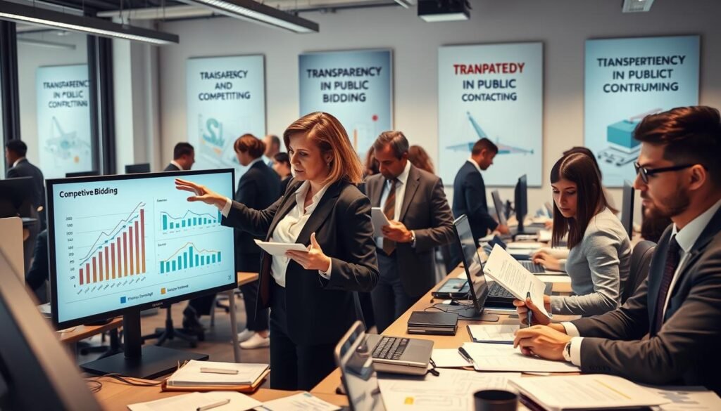 A busy public procurement office, showcasing a diverse group of professionals in business attire analyzing documents and digital displays. In the foreground, a middle-aged woman gestures towards a large monitor displaying graphs of competitive bidding statistics, while a young man notes details on a notepad. The middle ground features desks cluttered with project files and computers, with soft natural lighting streaming in through large windows. In the background, motivational posters about transparency and competition in public contracting are visible. The atmosphere is focused and dynamic, conveying a sense of urgency and professionalism, with an emphasis on collaboration and monitoring processes. A busy public procurement office, showcasing a diverse group of professionals in business attire analyzing documents and digital displays. In the foreground, a middle-aged woman gestures towards a large monitor displaying graphs of competitive bidding statistics, while a young man notes details on a notepad. The middle ground features desks cluttered with project files and computers, with soft natural lighting streaming in through large windows. In the background, motivational posters about transparency and competition in public contracting are visible. The atmosphere is focused and dynamic, conveying a sense of urgency and professionalism, with an emphasis on collaboration and monitoring processes.