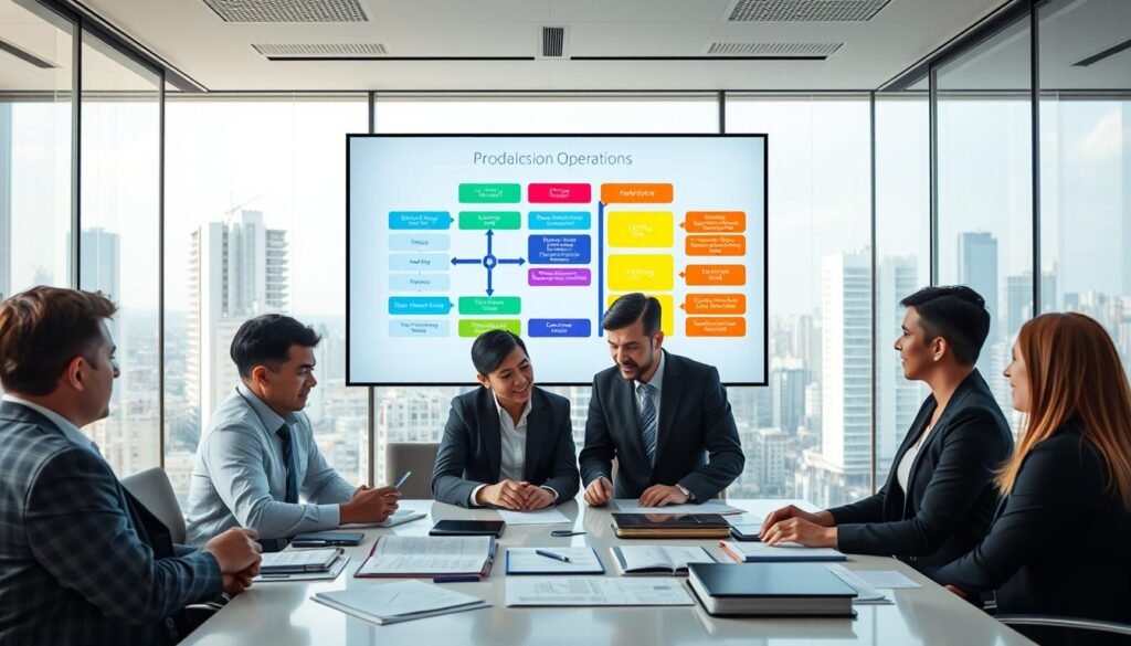 A clear view of a modern office environment reflecting the operation of the Secop II system within the Colombian judicial branch. In the foreground, a diverse group of professionals in business attire—two men and two women—are engaged in an animated discussion around a central table covered with legal documents and digital devices. In the middle ground, a large screen displays a colorful flowchart illustrating various modalities of operation, with highlighted sections to indicate key workflows. The background features large windows offering a glimpse of a bustling city, casting natural light into the space. The atmosphere is dynamic and focused, conveying a sense of collaboration and progress. Use bright, professional lighting with a slight focus on the discussions at the table, creating a vibrant yet serious mood.