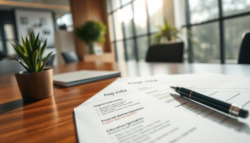 A close-up of a professional "hoja vida" or resume document displayed on a polished wooden desk, meticulously arranged with a stylish pen and a small potted plant nearby. In the background, a softly blurred view of a modern office environment with natural light streaming through a large window, casting gentle shadows. The document should feature typical sections like contact information, work experience, and education, with clear headings but no text visible for privacy. The mood should convey a sense of professionalism and readiness, inviting the viewer to think about preparing their own resume for employment purposes. The angle should be slightly elevated, looking down on the document for an engaging perspective, with a shallow depth of field to enhance focus on the resume. A close-up of a professional "hoja vida" or resume document displayed on a polished wooden desk, meticulously arranged with a stylish pen and a small potted plant nearby. In the background, a softly blurred view of a modern office environment with natural light streaming through a large window, casting gentle shadows. The document should feature typical sections like contact information, work experience, and education, with clear headings but no text visible for privacy. The mood should convey a sense of professionalism and readiness, inviting the viewer to think about preparing their own resume for employment purposes. The angle should be slightly elevated, looking down on the document for an engaging perspective, with a shallow depth of field to enhance focus on the resume.