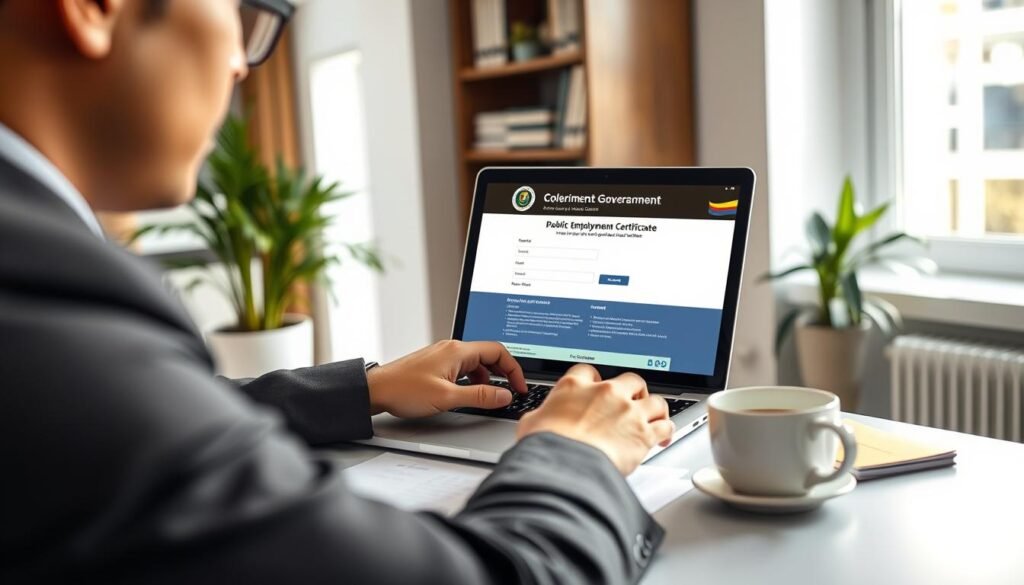 A close-up scene illustrating the process of obtaining a public employment certificate in Colombia. In the foreground, a professional businessperson, dressed in formal office attire, is sitting at a modern desk, focused on a laptop. They are actively navigating an official government website, showcasing the certificate application page on the screen. The middle ground features documents and a cup of coffee, conveying a busy work environment. In the background, a well-organized office space with shelves of books and a potted plant adds a touch of warmth to the setting. Soft, natural lighting filters in through a nearby window, casting gentle shadows that enhance the professional atmosphere. The mood is one of determination and productivity, emphasizing the step-by-step process of accessing the required certificate. A close-up scene illustrating the process of obtaining a public employment certificate in Colombia. In the foreground, a professional businessperson, dressed in formal office attire, is sitting at a modern desk, focused on a laptop. They are actively navigating an official government website, showcasing the certificate application page on the screen. The middle ground features documents and a cup of coffee, conveying a busy work environment. In the background, a well-organized office space with shelves of books and a potted plant adds a touch of warmth to the setting. Soft, natural lighting filters in through a nearby window, casting gentle shadows that enhance the professional atmosphere. The mood is one of determination and productivity, emphasizing the step-by-step process of accessing the required certificate.