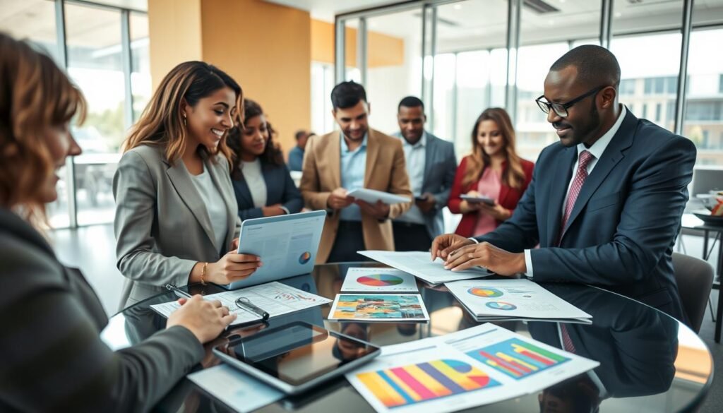 A close-up scene of a diverse group of professionals engaged in a collaborative work environment, illustrating the process of registration for an event. In the foreground, two individuals, a woman in smart casual attire and a man in formal business wear, are discussing and filling out registration forms on a modern laptop. The middle ground features a round table with tablets, documents, and colorful charts showcasing event details. In the background, a bright, airy office space with large windows allows natural light to illuminate the scene, creating a vibrant and inviting atmosphere. Soft reflections on glass surfaces add a touch of sophistication. The mood conveys a sense of enthusiasm and teamwork as they prepare to secure their participation.