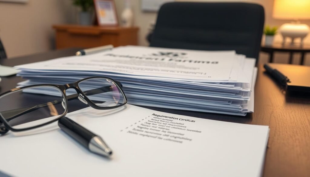 A close-up shot of a neatly organized stack of official documents, including certificates and forms related to vendor registration for Secop II, placed on a dark wooden desk. The foreground displays a pair of polished reading glasses, a sleek black pen, and a notepad with handwritten notes. The middle ground features the documents spread out, revealing sections labeled "Requirements" and "Documentation" with bullet points detailed clearly. In the background, a softly blurred office environment with warm lighting, suggesting a practical and professional atmosphere. The overall mood is focused and serious, ideal for a business setting, conveying the importance of proper documentation for vendors.