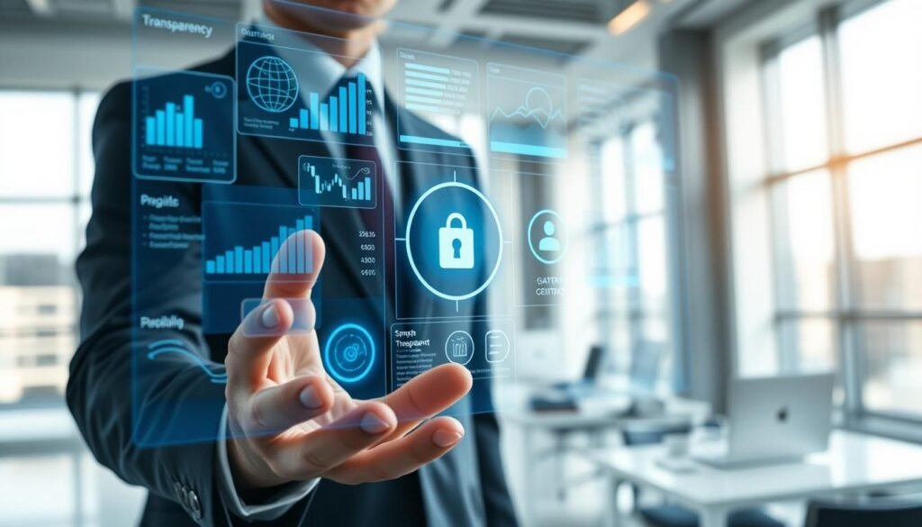 A close-up shot of a transparent digital interface displaying financial data and graphs, emphasized against a minimalistic workspace. In the foreground, a pair of professional hands, in business attire, interact with the holographic projection, navigating through various screens of information. The middle layer showcases glowing icons representing transparency, digital tracking, and control, illuminated by a soft blue glow. The background features a sleek, modern office with large windows allowing natural light to flood in, creating a bright and optimistic atmosphere. The overall mood conveys a sense of clarity and innovation, with soft shadows and reflections enhancing the futuristic feel.